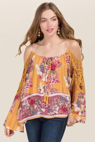 Star Of India Fashions Lilly Floral Cold Shoulder Crochet Sleeve Blouse - Marigold