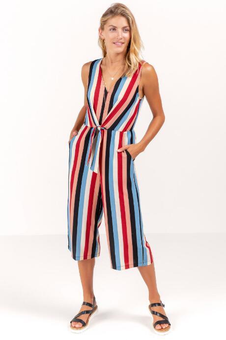 Secret Charm Llc Skylar Stripe Front Tie Jumpsuit - Blue