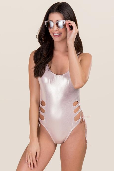 Francescas Abia Metallic Cutout One Piece Swimsuit - Pale Pink