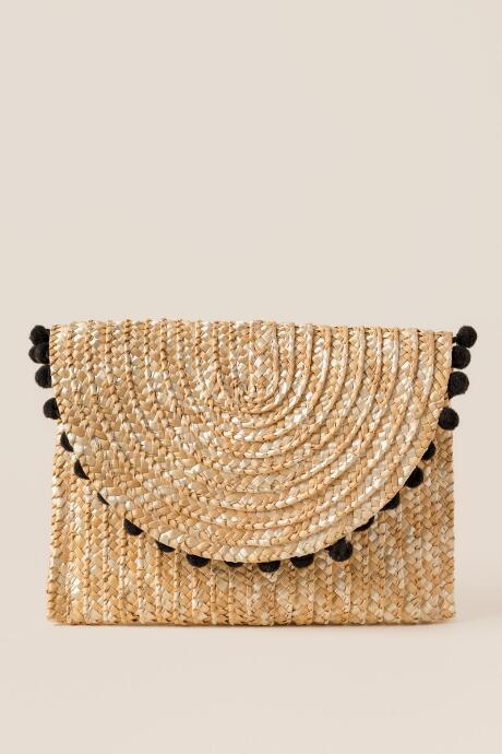 Francescas Reagan Straw Pom Clutch In Natural - Natural