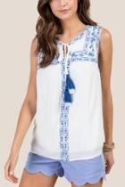 Francesca Inchess Maja Embroidered Tassel Tie Tank - White