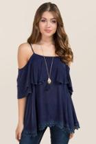 Blue Rain Adison Mineral Wash Double Ruffle Cold Shoulder Top - Indigo
