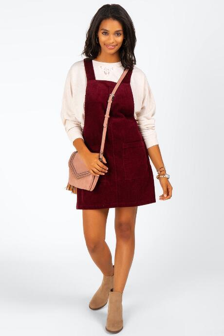 Francesca's Fernanda Front Pocket Overall Dress - Burgundy