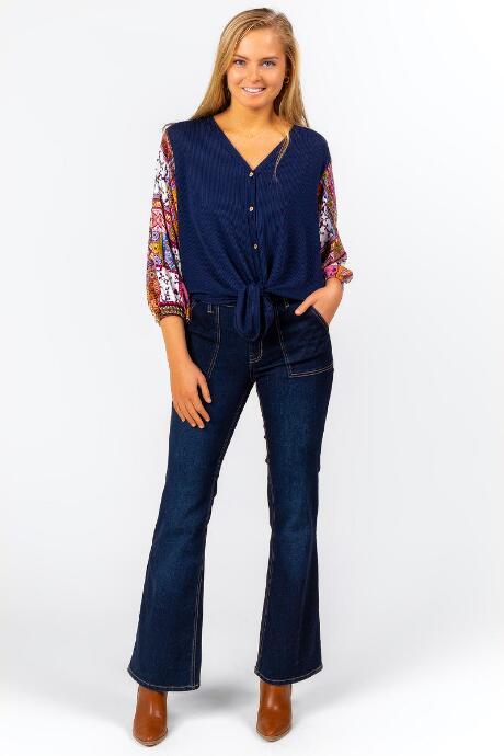 Francesca's Bayla Scarf Print Blouse - Navy