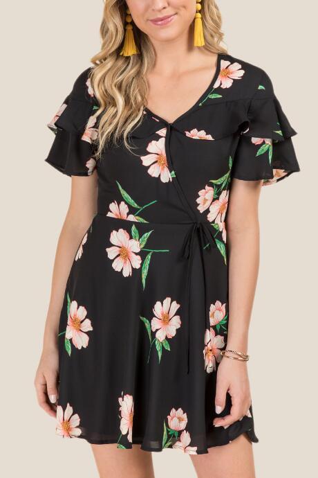 Francesca's Scout Floral Ruffle Top Wrap Dress - Black