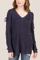 Francesca's Sophia Lace Up Sleeve Sweater - Navy