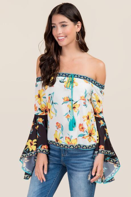 Francesca Inchess Ronit Floral Border Off The Shoulder Top - Ivory
