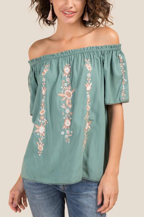 Francesca's Dottie Floral Embroidered Off The Shoulder Top - Teal