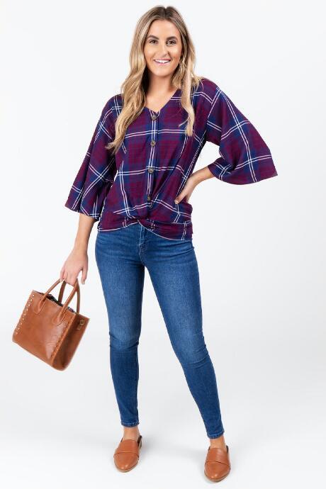 Francesca's Cadence Plaid Button Down Top - Navy