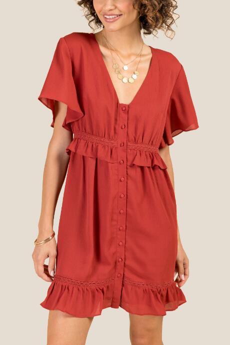Francesca Inchess Zaria Button Front Ruffle Dress - Cinnamon