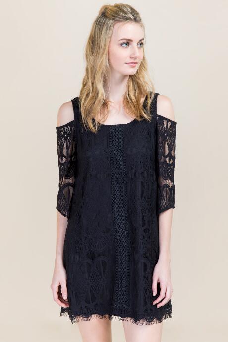 Francesca's Chrissy Cold Shoulder Lace Shift Dress - Black