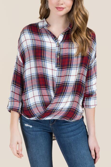 Francesca's Keegan Surplus Plaid Top - Burgundy