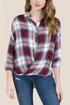 Francesca's Keegan Surplus Plaid Top - Burgundy