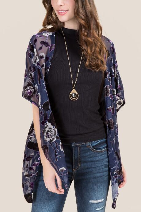 Francesca's Sandomierz Floral Velvet Burnout Ruana - Navy