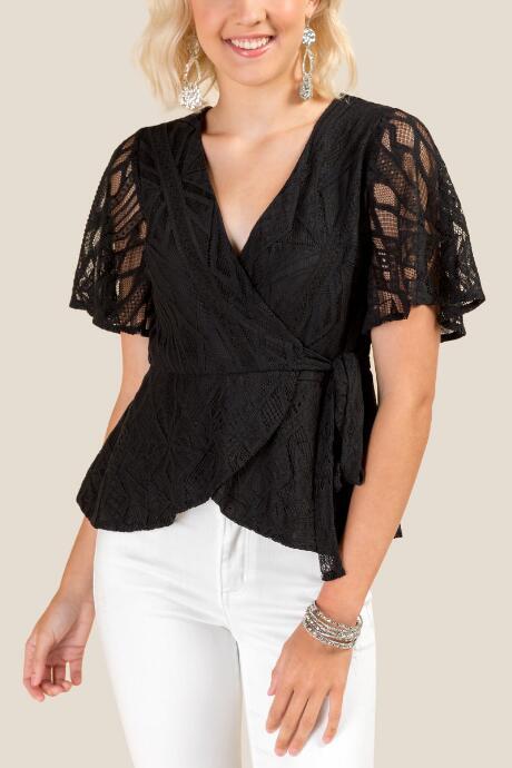 Francesca's Tabitha Lace Wrap Blouse - Black