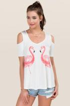Alya Flamingo Cold Shoulder Graphic Tee - White