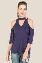 Trixxi Bianca Gigi Embroidered Scallop Cupro Top - Navy