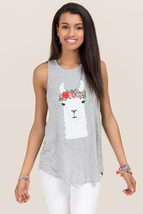 Alya Llama Flower Crown Graphic Tank - Heather Gray