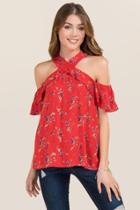 Blue Rain Emmie Y Neck Floral Cold Shoulder Top - Red