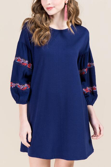 Francesca's Michelle Embroidered Sleeve Shift Dress - Navy