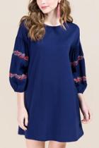 Francesca's Michelle Embroidered Sleeve Shift Dress - Navy
