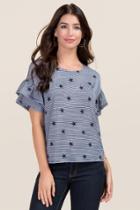 Alya Breeze Star Ruffle Sleeve Knit Tee - Navy