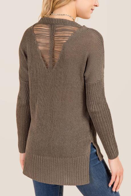 Blue Rain Kiri Shredded Back Pullover Sweater - Dark Olive