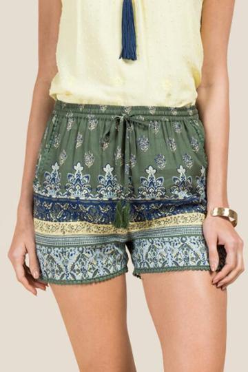 Francesca's Nomi Border Print Soft Shorts - Dark Olive