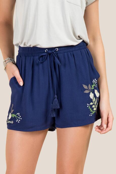 Francesca's Lux Floral Embroidery Soft Shorts - Navy