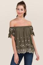 Blue Rain Avaline Embroidered Off The Shoulder Tie Sleeve Top - Dark Olive