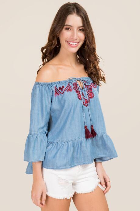 Francesca Inchess Doris Embroidered Off The Shoulder Tencel Top - Lite