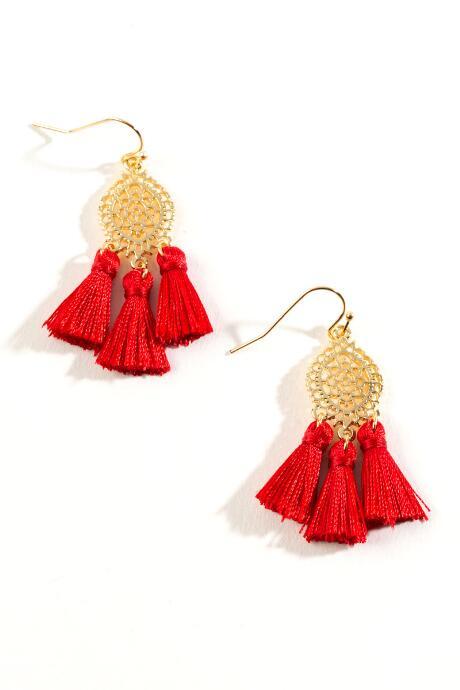 Francesca's Brooklyn Filigree Tassel Earrings - Red