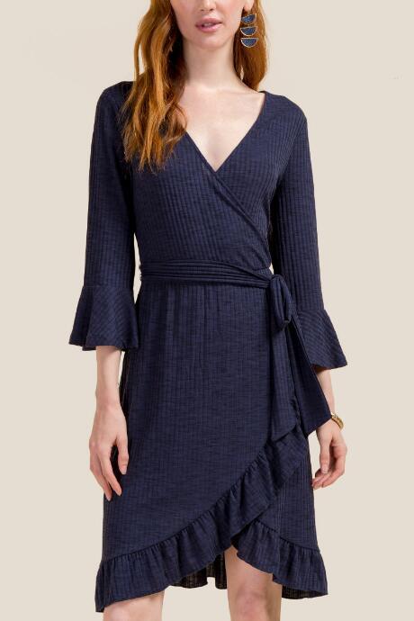 Francesca's Leina Ruffle Wrap Dress - Navy