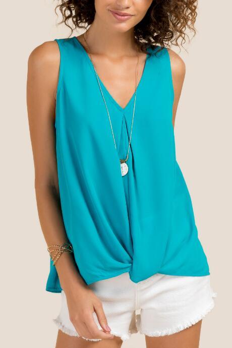 Francesca's Gloria V Neck Twist Front Top - Turquoise