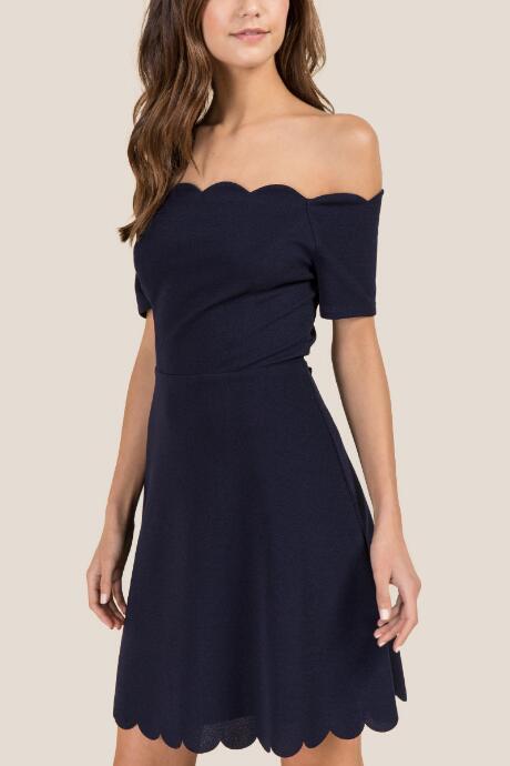 Francesca's Jacquelyne Off The Shoulder Scallop Trim A-line Dress - Navy