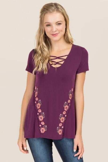 Trixxi Clothing Company Serena Lattice Floral Embroidery Cupro Top - Purple