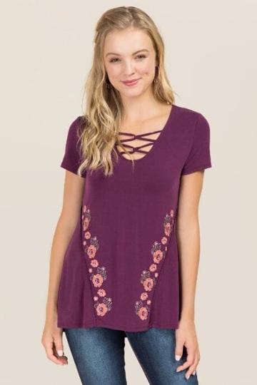 Trixxi Clothing Company Serena Lattice Floral Embroidery Cupro Top - Purple
