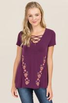 Trixxi Clothing Company Serena Lattice Floral Embroidery Cupro Top - Purple