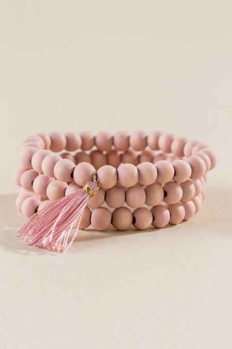 Francesca's Elia Wood Beaded Stretch Bracelet Set - Blush