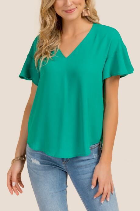 Francesca's Kris Flutter Sleeve Basic Top - Jade