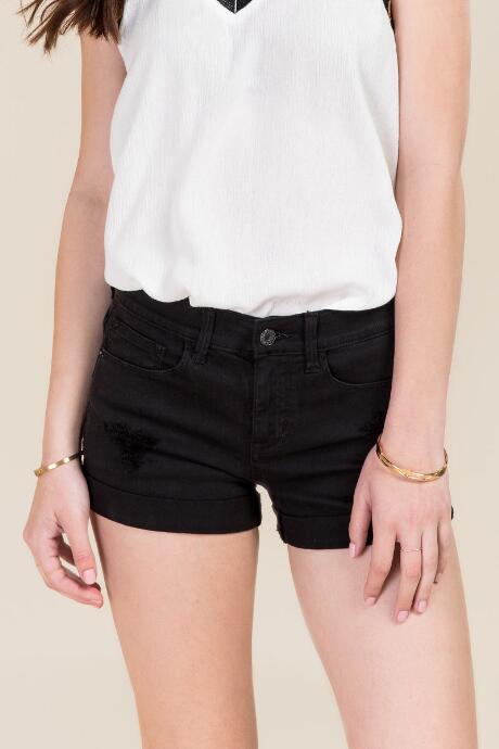 Harper Mid Rise Rolled Hem Black Jean Shorts - Black