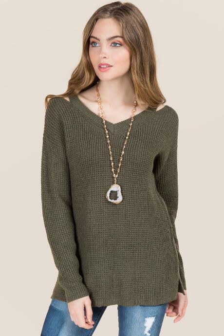 Blue Rain Jeane Cut Out Shaker Hem Pullover Sweater - Dark Olive