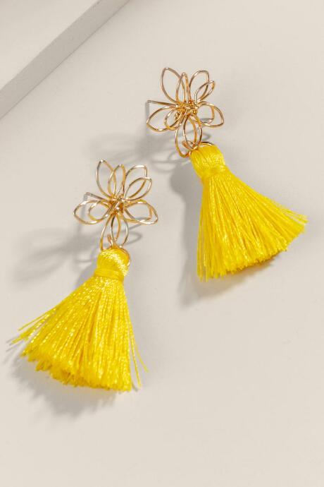 Francesca's Hadley Tasseled Flower Drop Earrings - Yellow