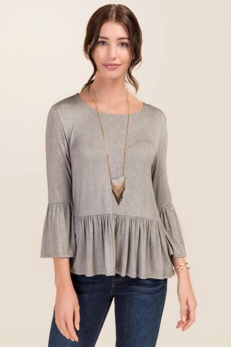 Dee Elle Kalani Bell Sleeve Peplum Knit Top - Olive