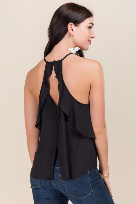 Lush Nala High Neck Ruffle Button Back Tank - Black
