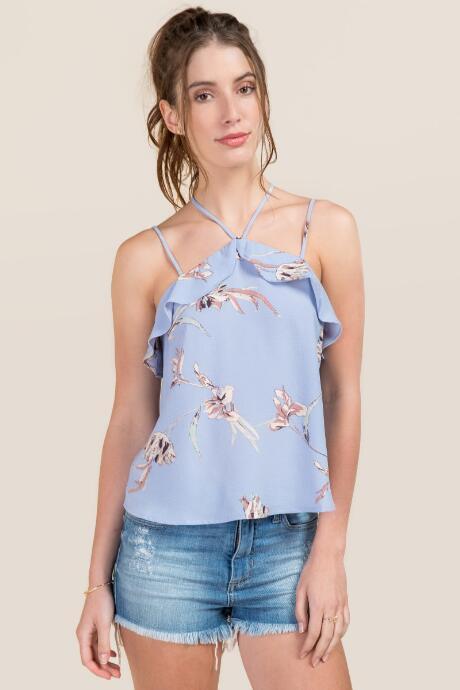 Lush Y Neck Ruffle Floral Tank - Oxford Blue