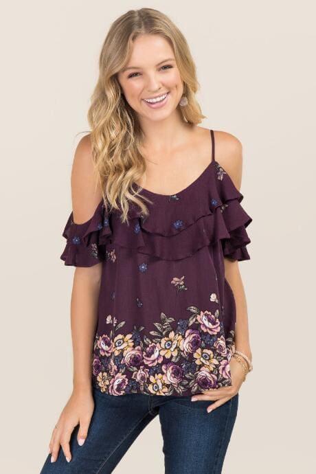 Blue Rain Maura Floral Sweatheart Cold Shoulder Top - Purple