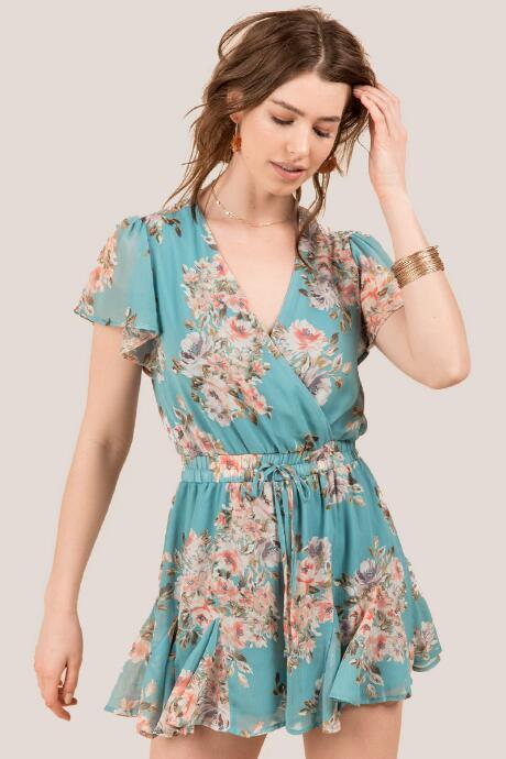 Francesca's Adeline Floral Romper - Teal