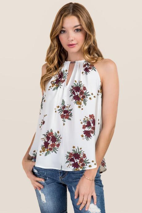 Blue Rain Kerian High Neck Floral Tank - White