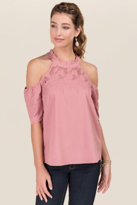 Blue Rain Nieve Embroidered Cold Shoulder Top - Rose